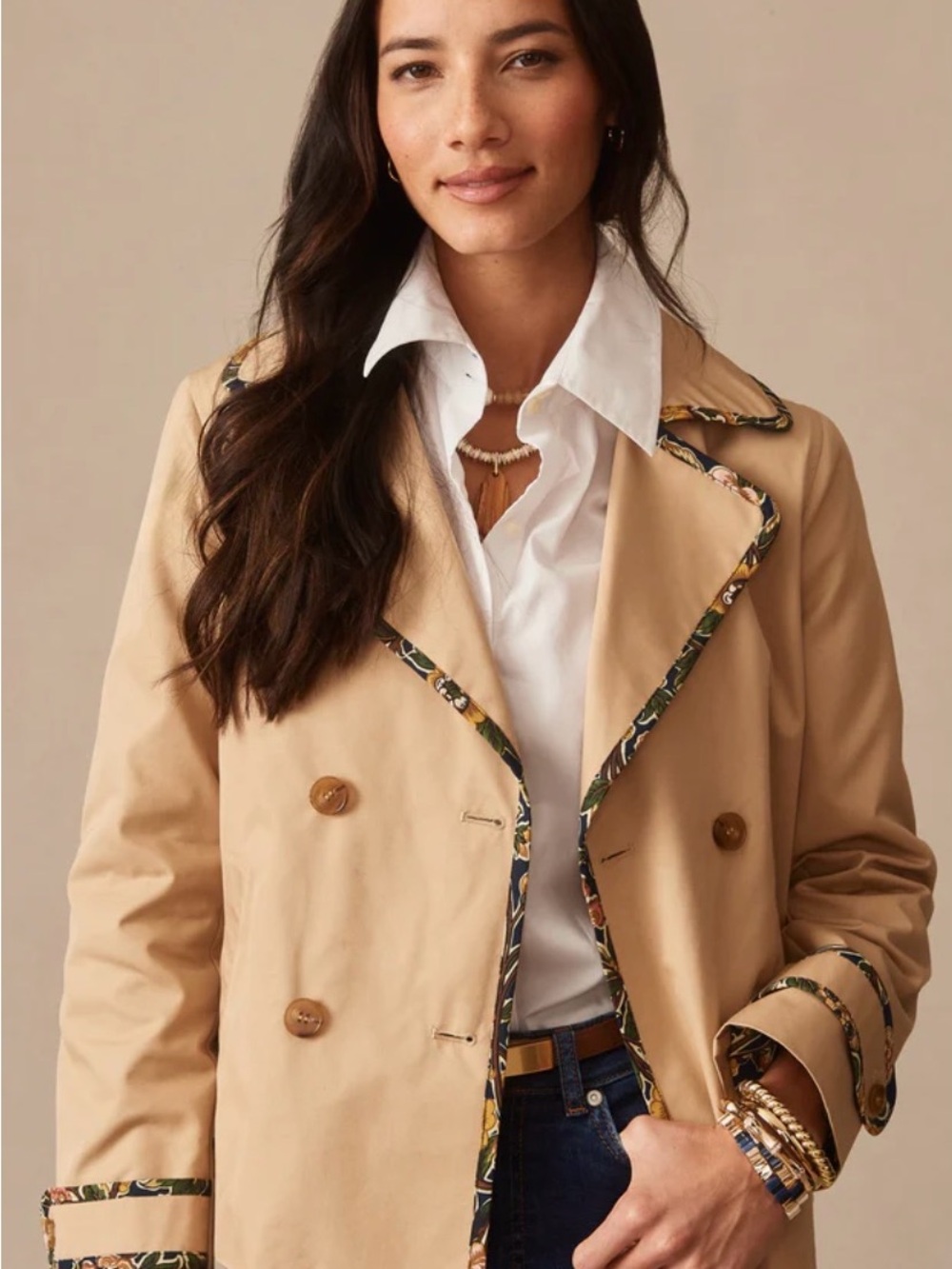 NWT JMcLaughlin Audrey Jacket in Khaki with Floral-Trimmed Edging